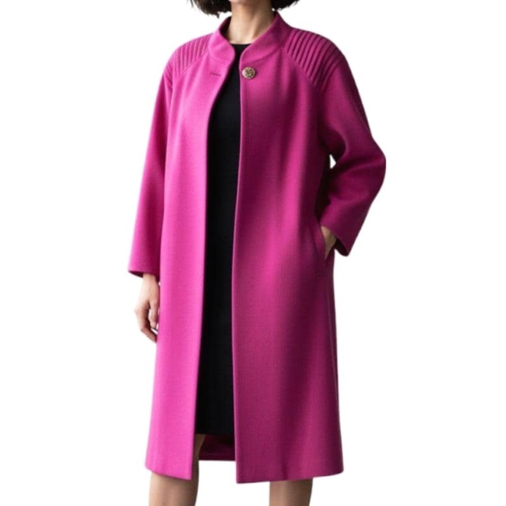 Vtg Portrait Pink Coat Trench Jacket PLEATED Wide PADDED SHOULDERS Long Wool 10